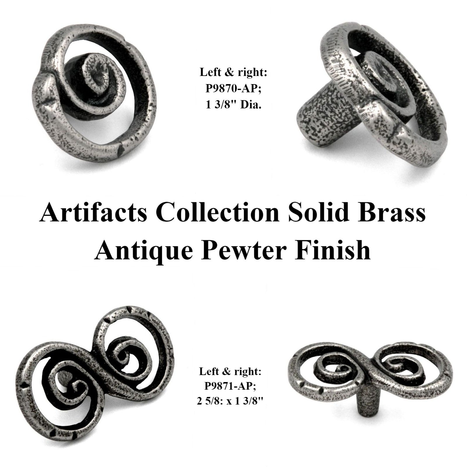 Keeler Artifacts P9870-AP - Perilla para gabinete de latón macizo con forma de remolino ovalado de peltre antiguo de 1 3/8"