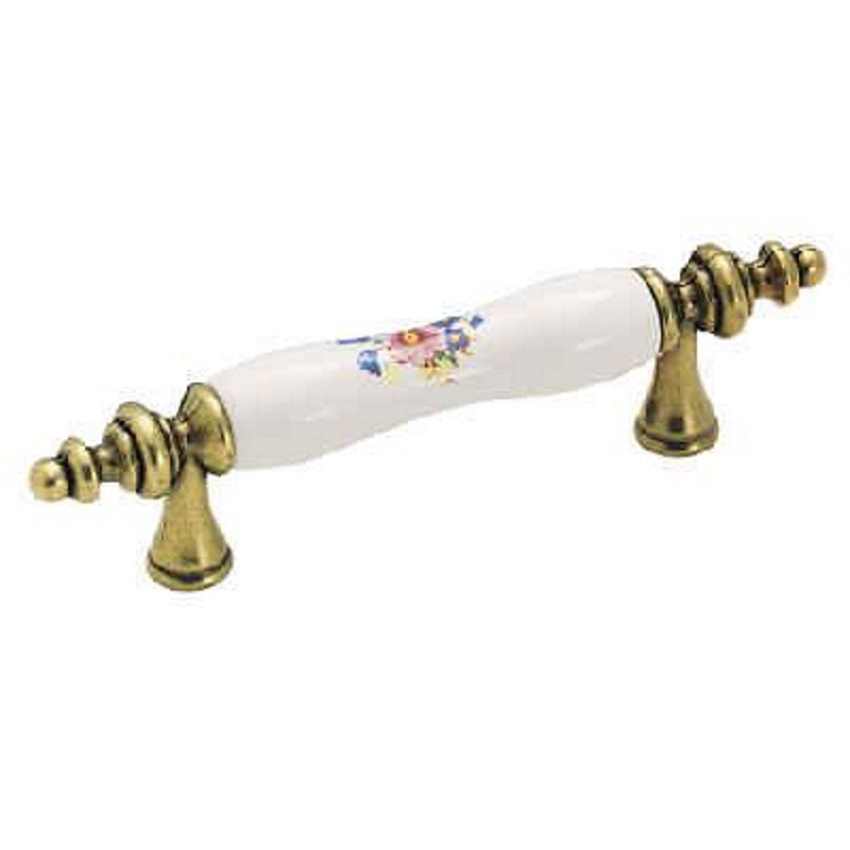 Amerock BP76243-FWB Tirador de gabinete de latón envejecido con centro de cerámica blanca floral