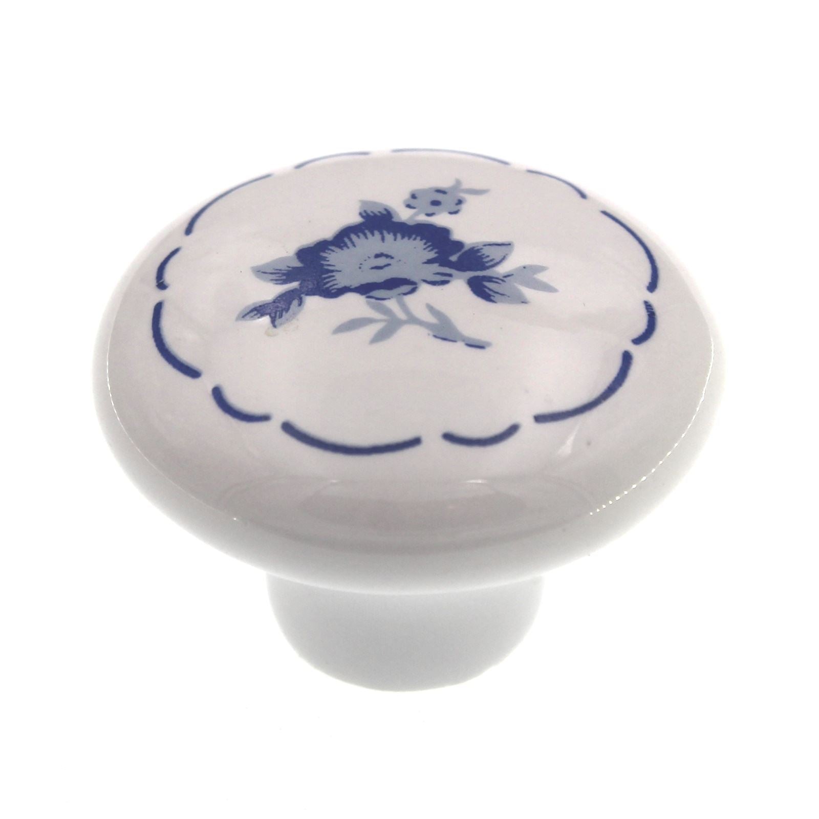 221DEL White with Blue Flower 1 1/2" Mushroom Cabinet Knob Pull Amerock Hardware