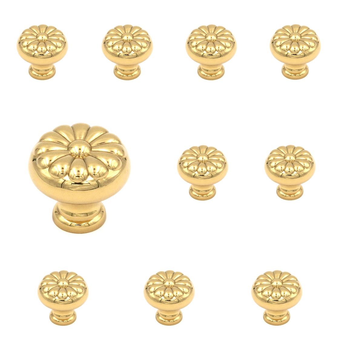 10 Pack Belwith Keeler Sechel 1 1/4" Polished Brass Round Ribbed Solid Brass Cabinet Knob A16