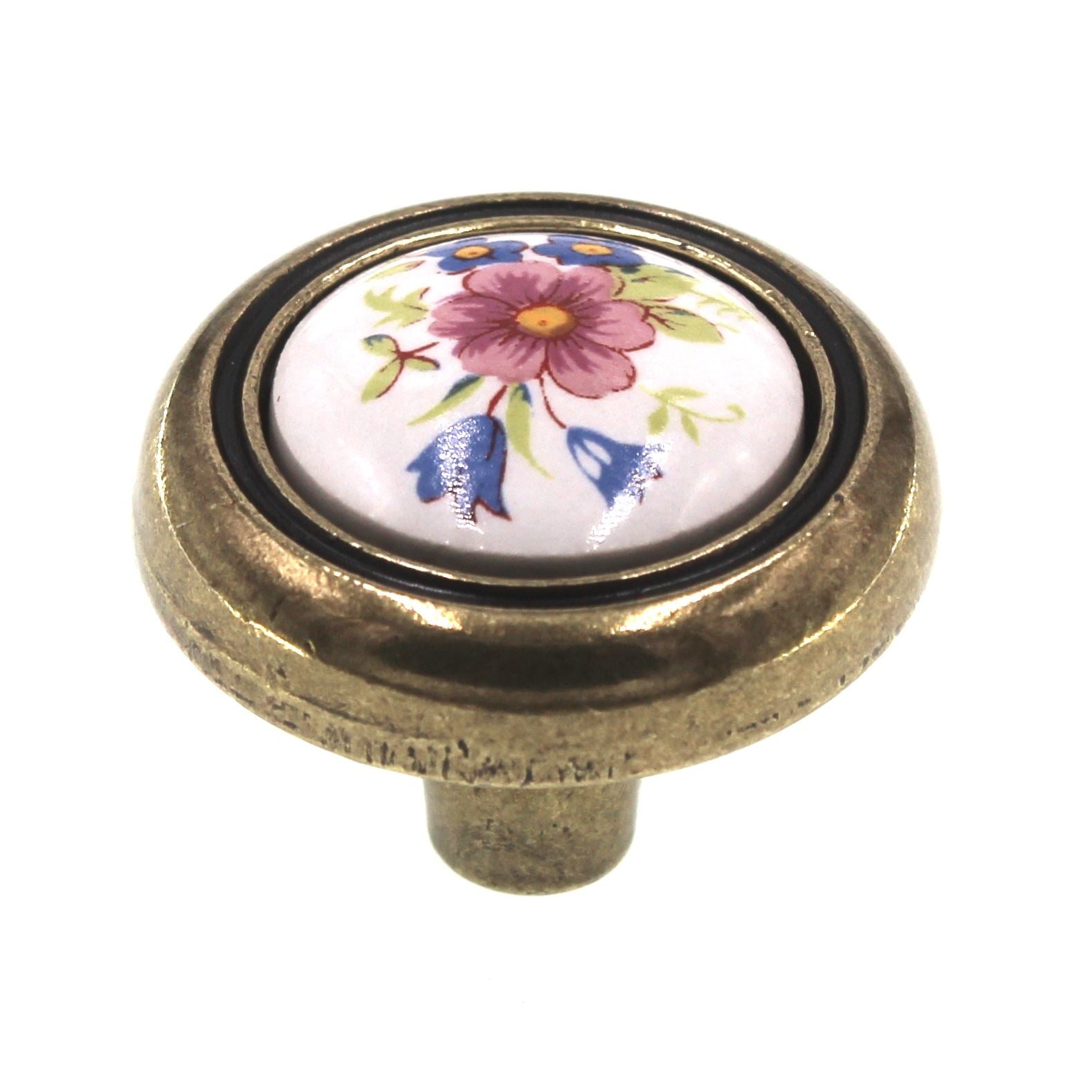 Amerock 1 1/4" Burnished Brass Round Floral Cabinet Knob Ceramic Center BP76244-FWB