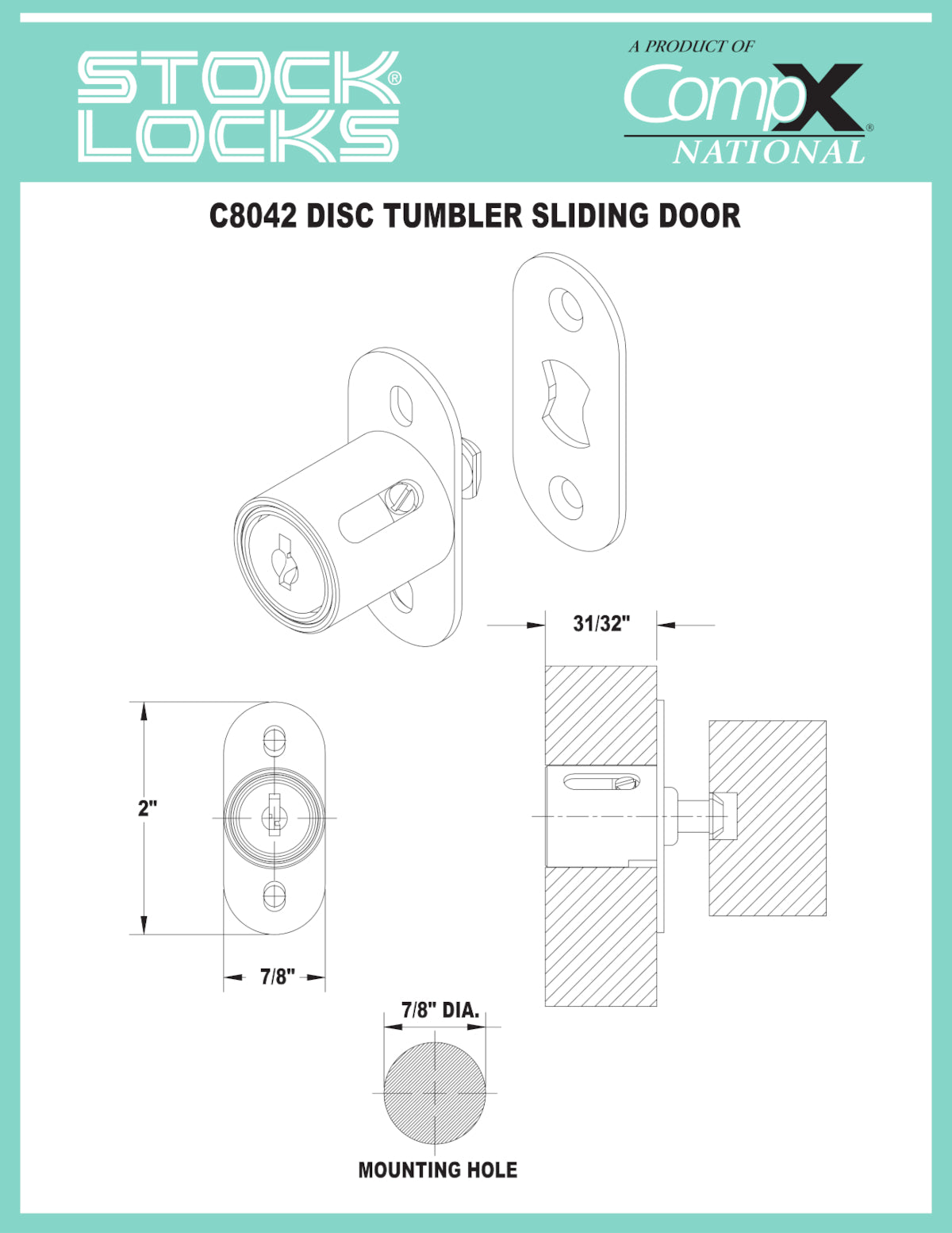 CompX National Sliding Door Lock Disc Tumbler 7/8" Keyed C415A Stock Locks C8042