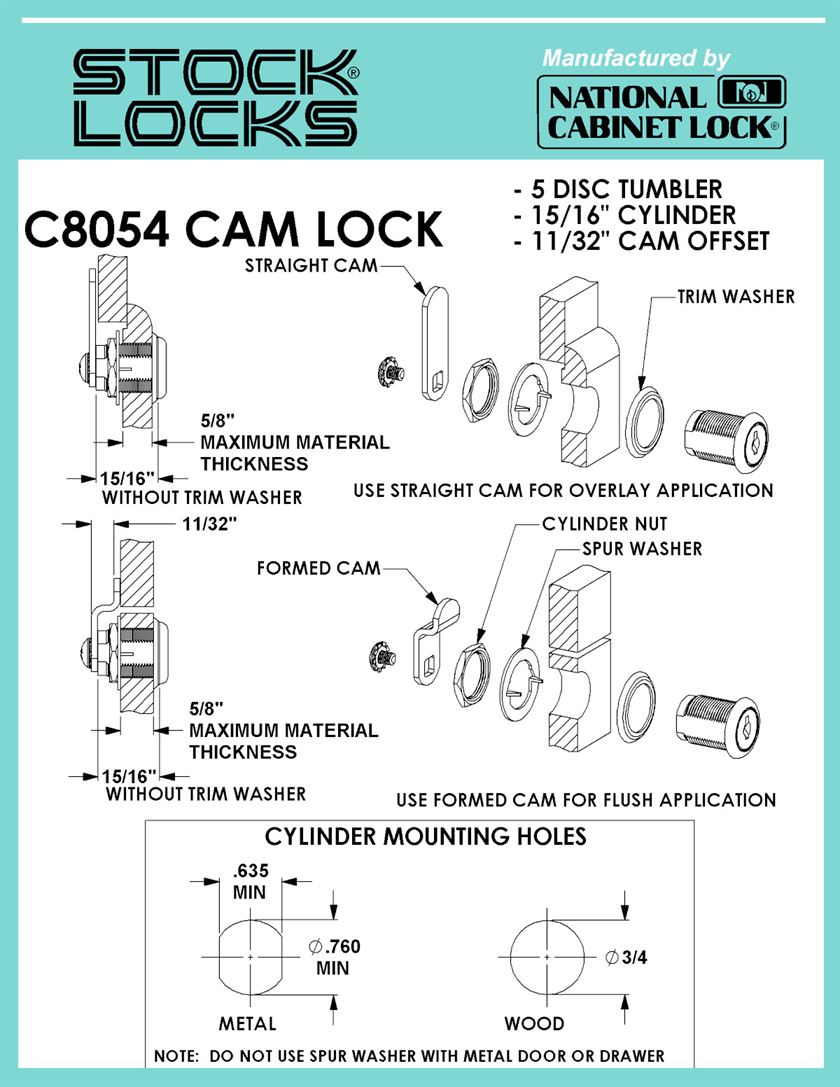 CompX Disc Tumbler Cam Lock 15/16" Bright Nickel National Cabinet Lock C8054-C415A-14A