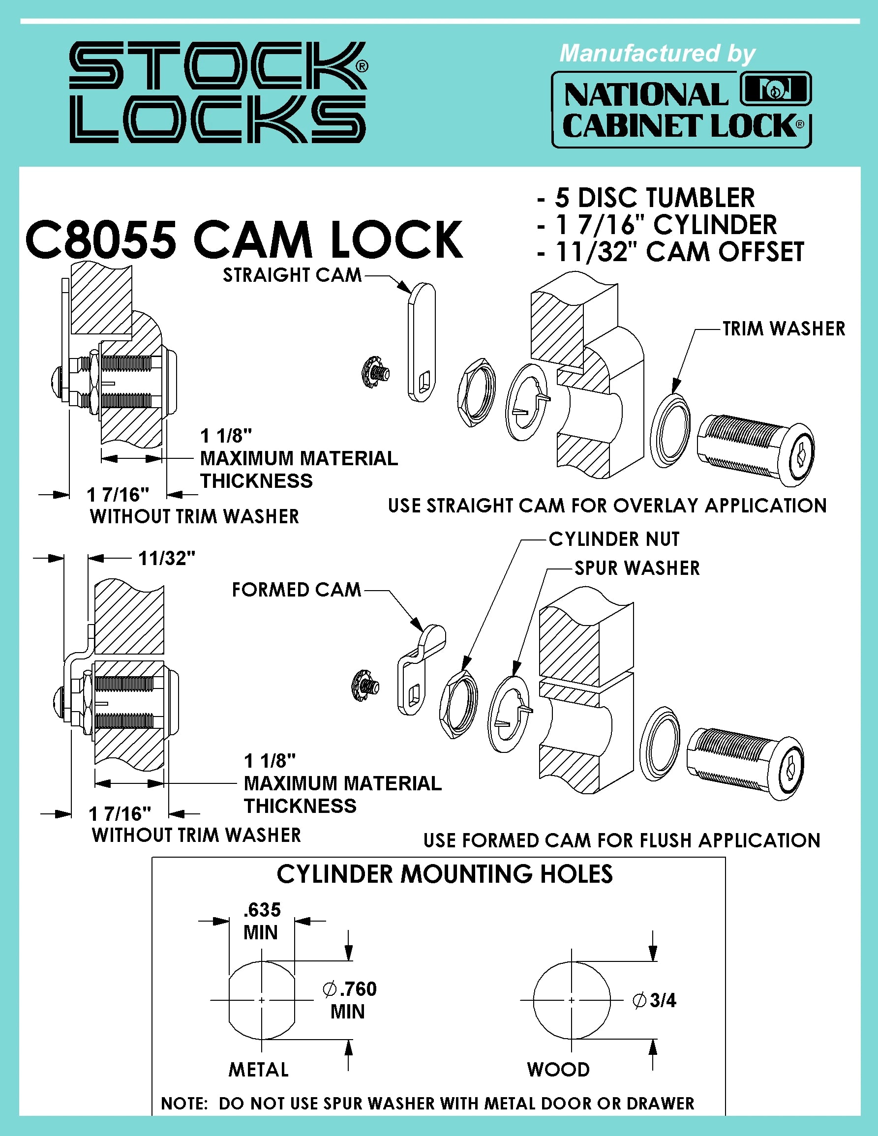 CompX National Cam Lock 1 7/16" Bright Nickel Keyed Alike Stock Locks C8055-14A