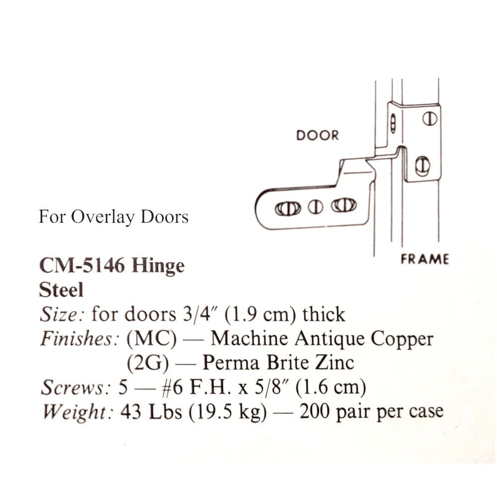 Amerock Vintage Pivot Pin Overlay Cabinet Hinge Copper Not Handed CM5146-MC