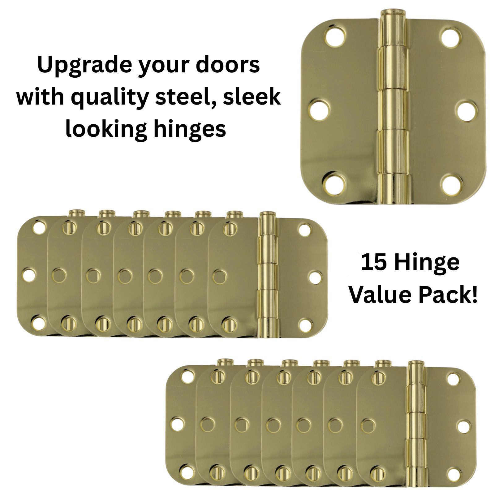 15 Pack Warwick 3" Door Hinges 5/8" Radius Corner Polished Brass DA3010PB