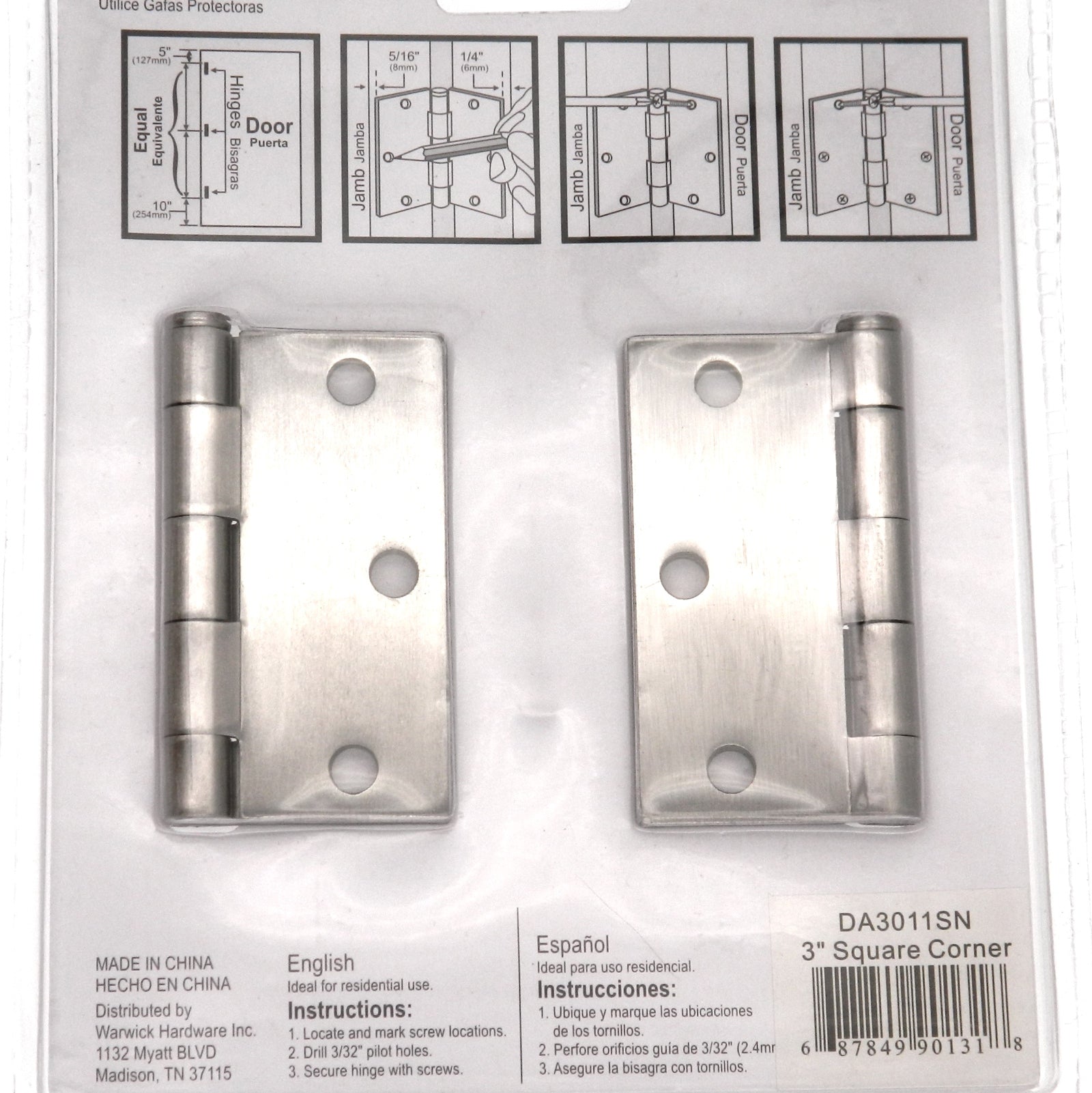 Warwick 15 Pack 3 Inch Door Hinges, Square Corner, Satin Nickel DA3011SN