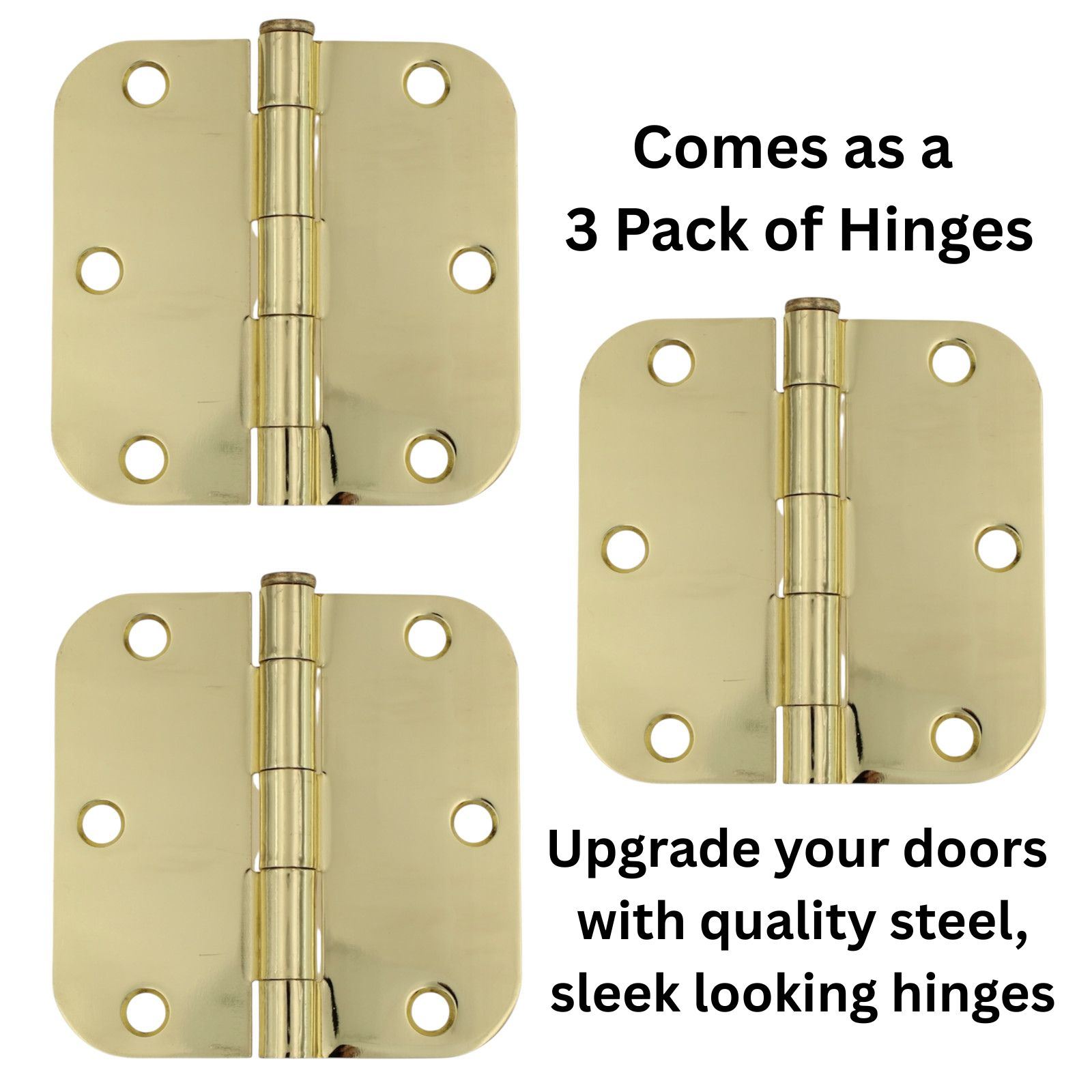 3 Pack Warwick 3 1/2" Door Hinge 5/8" Radius Corner Polished Brass DA3012PB