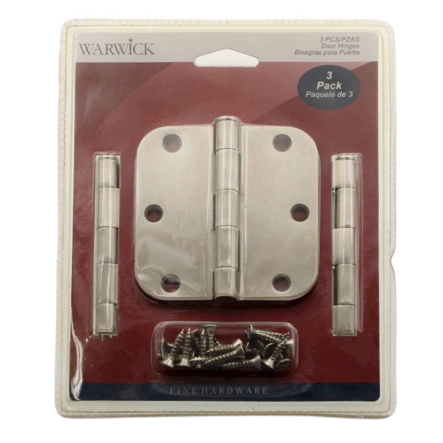 3 Pack Warwick 3 1/2" Door Hinge 5/8" Radius Corner Satin Nickel DA3012SN