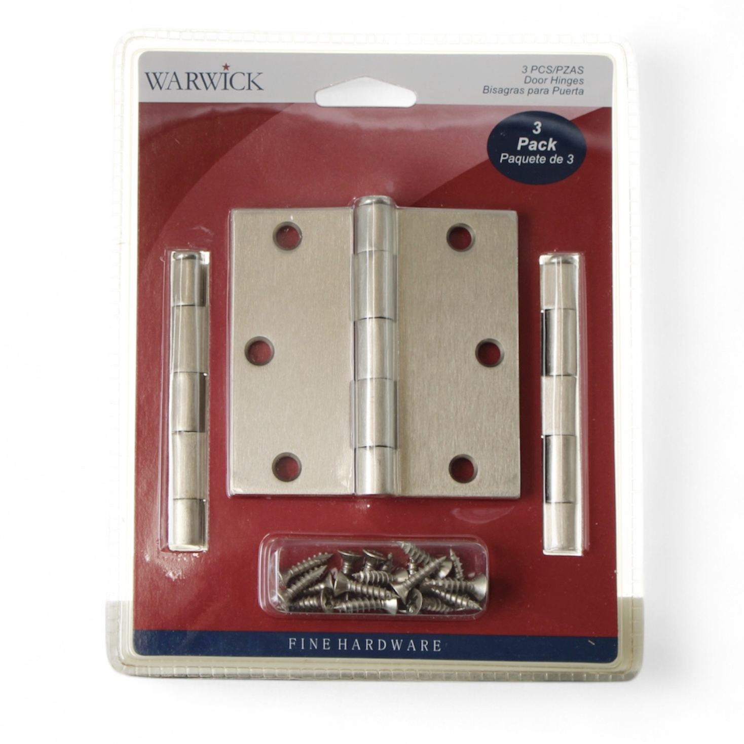 3 Pack Warwick 3 1/2" Door Hinge Square Corner Satin Nickel DA3013SN