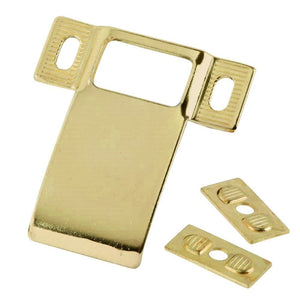 Adjustable door strike plate with 2.5 inch extended lip for wide door frames. Polished Brass finish.