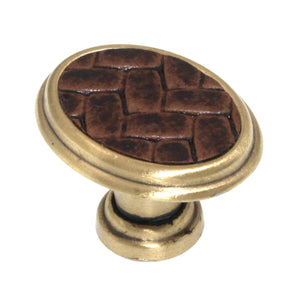 Laurey Churchill 1 5/8" Oval Cabinet Knob Satin Brass Umber Brown Leather 12194