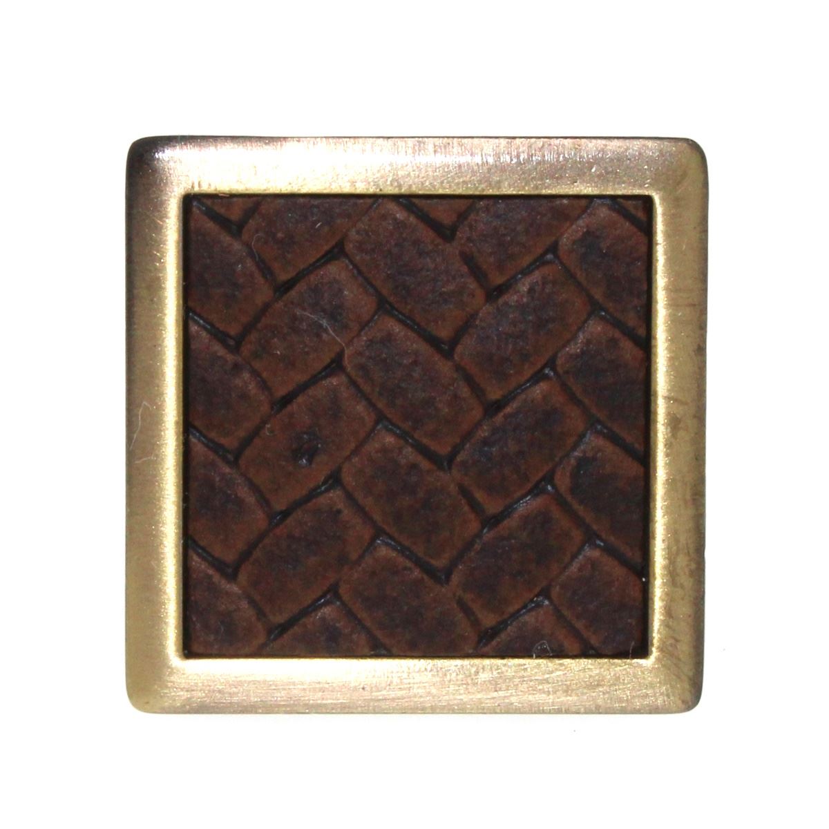 Laurey Churchill 1 5/8" Square Knob Satin Brass Umber Brown Leather 12294