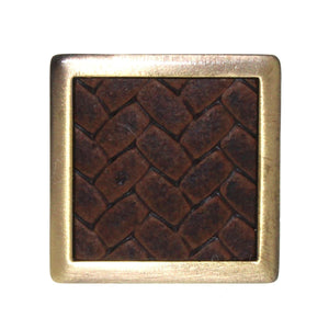 Laurey Churchill 1 5/8" Square Knob Satin Brass Umber Brown Leather 12294
