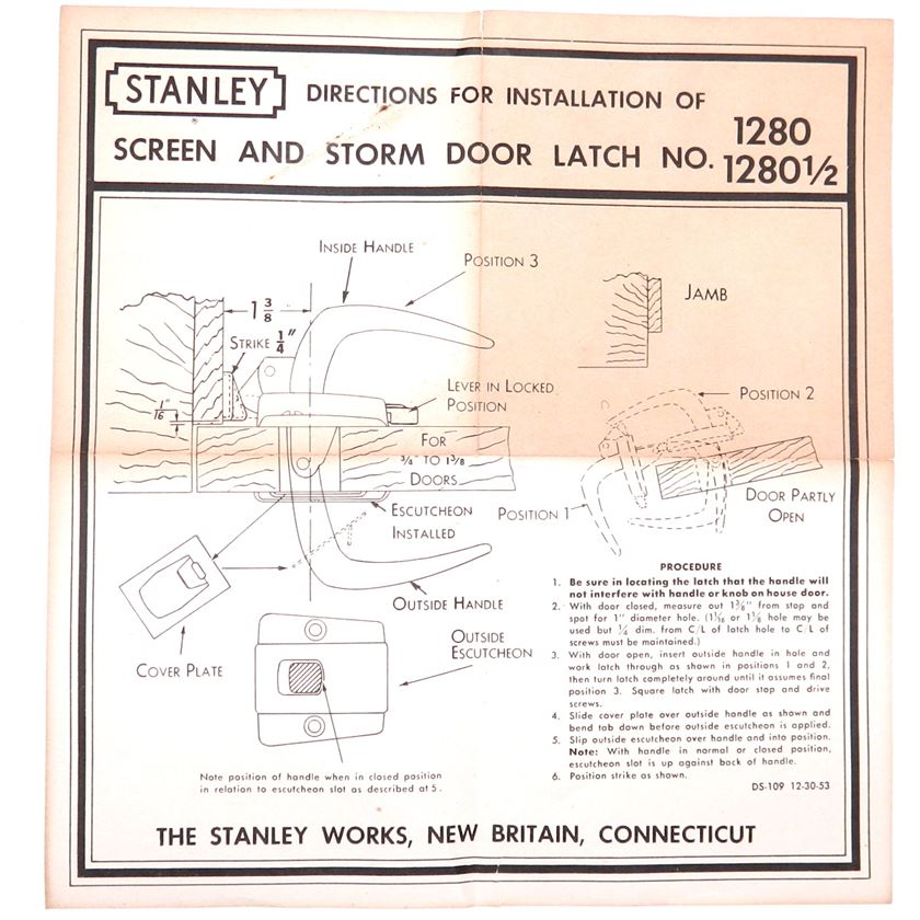 Vintage Stanley Satin Brass Screen or Storm Door Latch New Old Stock 1280-F