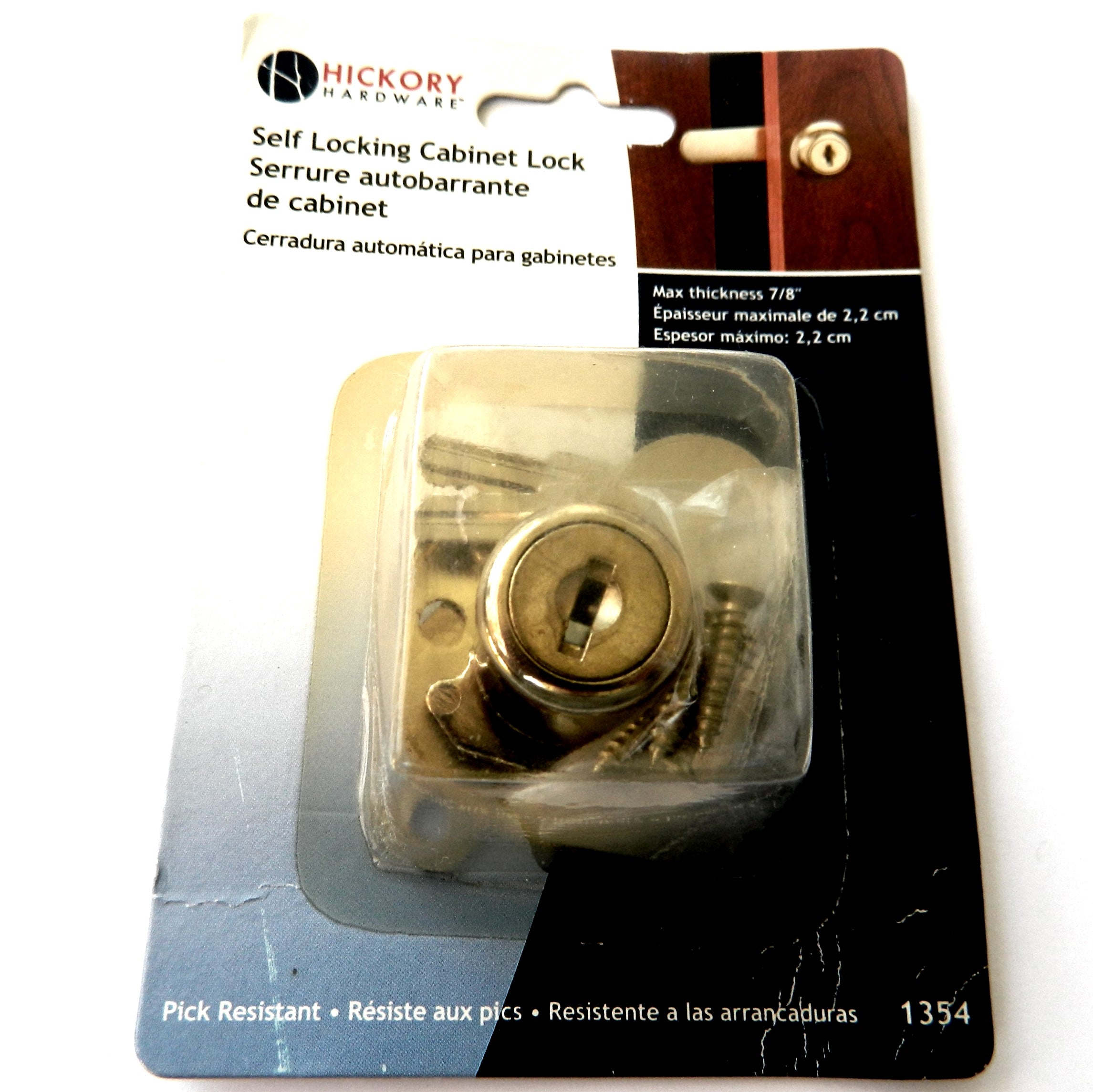 Hickory Hardware Cerradura de gabinete autoblocante de latón pulido 1354 Grosor máximo. 7/8"