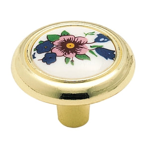 Amerock 244FWP 1 1/4" Polished Brass Cabinet Knob White Center With Flower