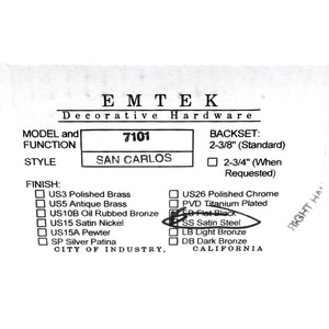 Emtek San Carlos Passage Door Lever Satin Steel Non-Locking 7101SCUSSS