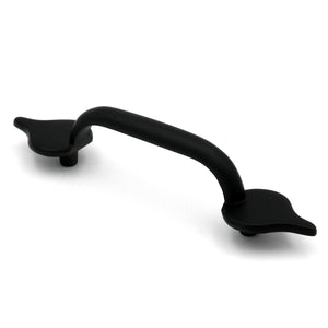 Black wrought iron carriage house cabinet handle pull with 3 inch hole centers and spear shaped ends