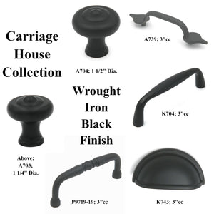 Black wrought iron cabinet handles and knobs in the Hickory Hardware Carriage House collection