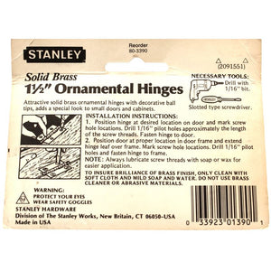 Pair Stanley 1 1/2" Solid Brass Ornamental Hinges Ball Tips CD5312-3
