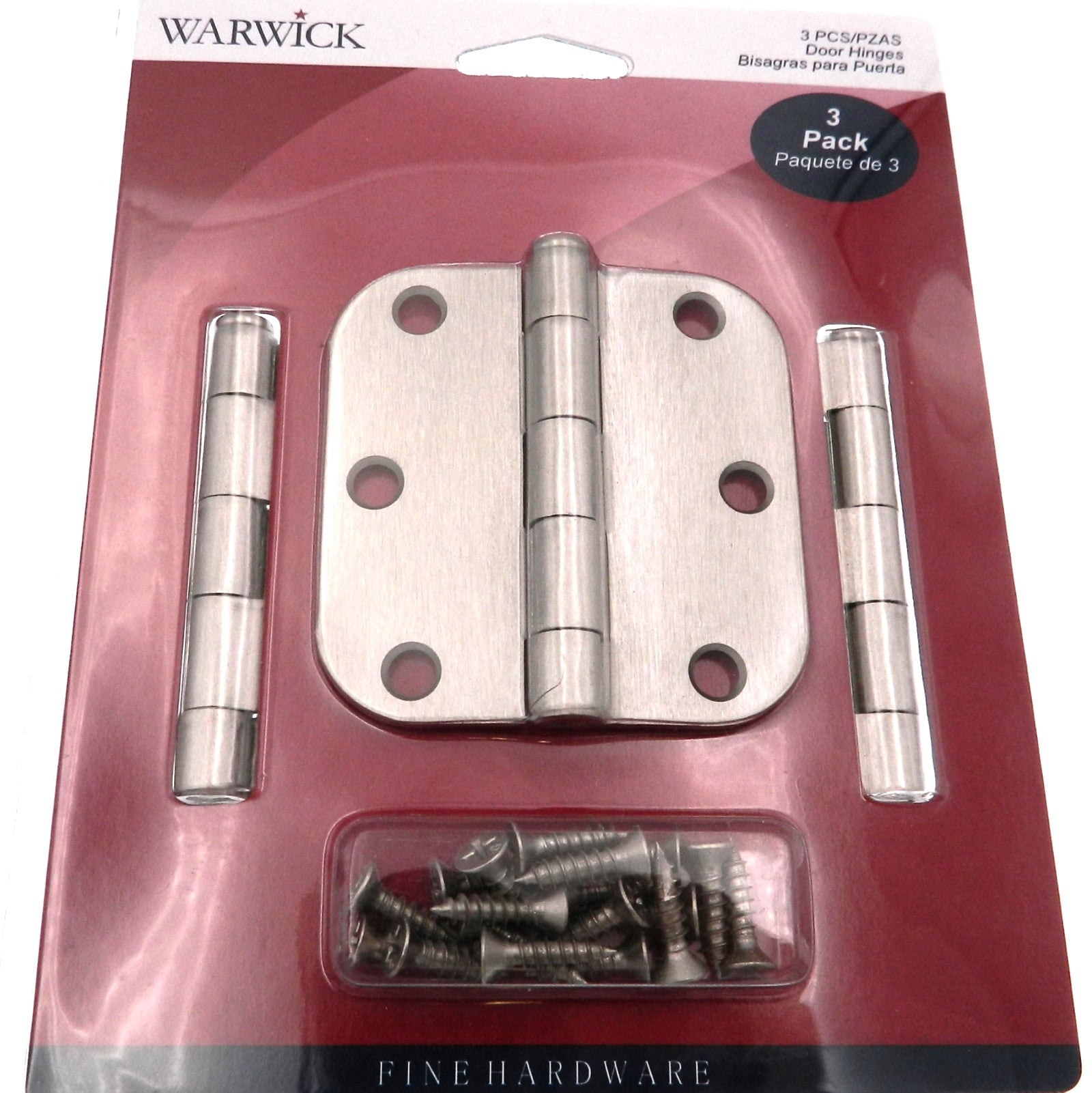 3 Pack Warwick 3" Door Hinge, 5/8" Radius Corner, Satin Nickel DA3010SN