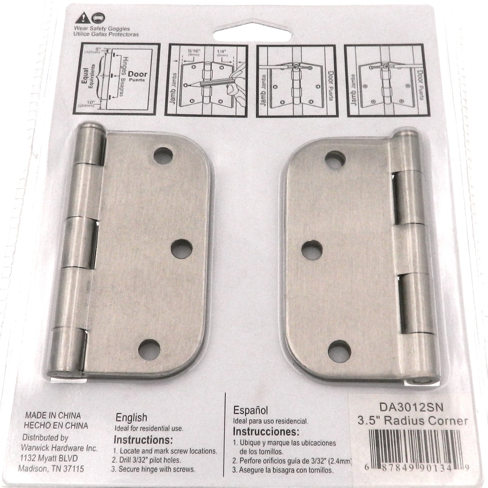 Paquete de 3 bisagras de puerta Warwick de 3 1/2", esquina de radio de 5/8", níquel satinado DA3012SN