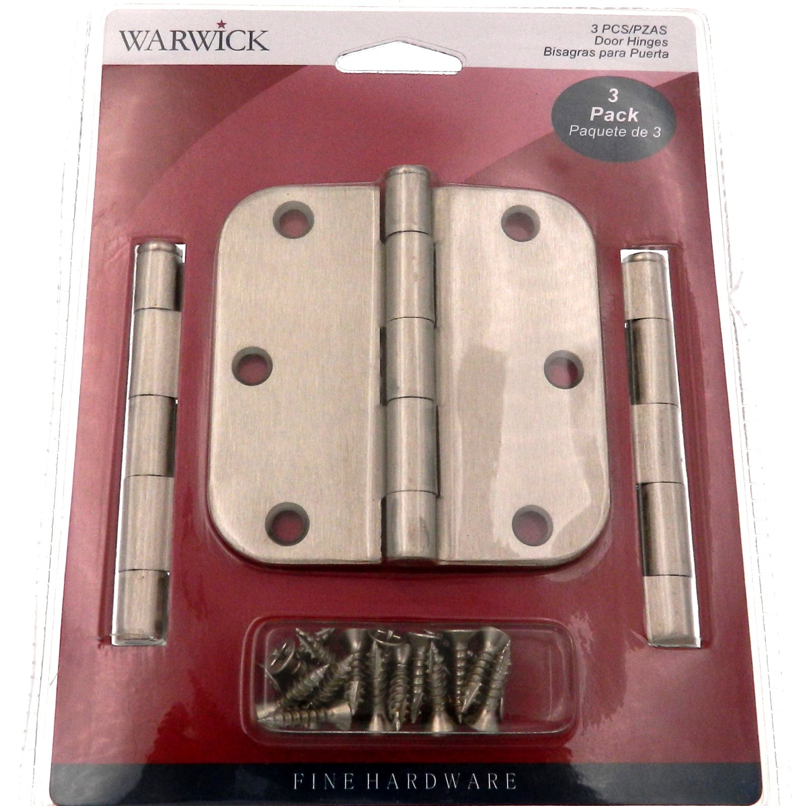 Paquete de 3 bisagras de puerta Warwick de 3 1/2", esquina de radio de 5/8", níquel satinado DA3012SN