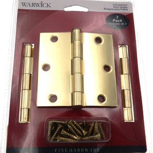 3 Pack Warwick 3 1/2" Door Hinge, Square Corner, Polished Brass DA3013PB