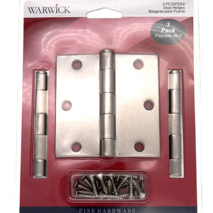 3 Pack Warwick 3 1/2" Door Hinge, Square Corner, Satin Nickel DA3013SN