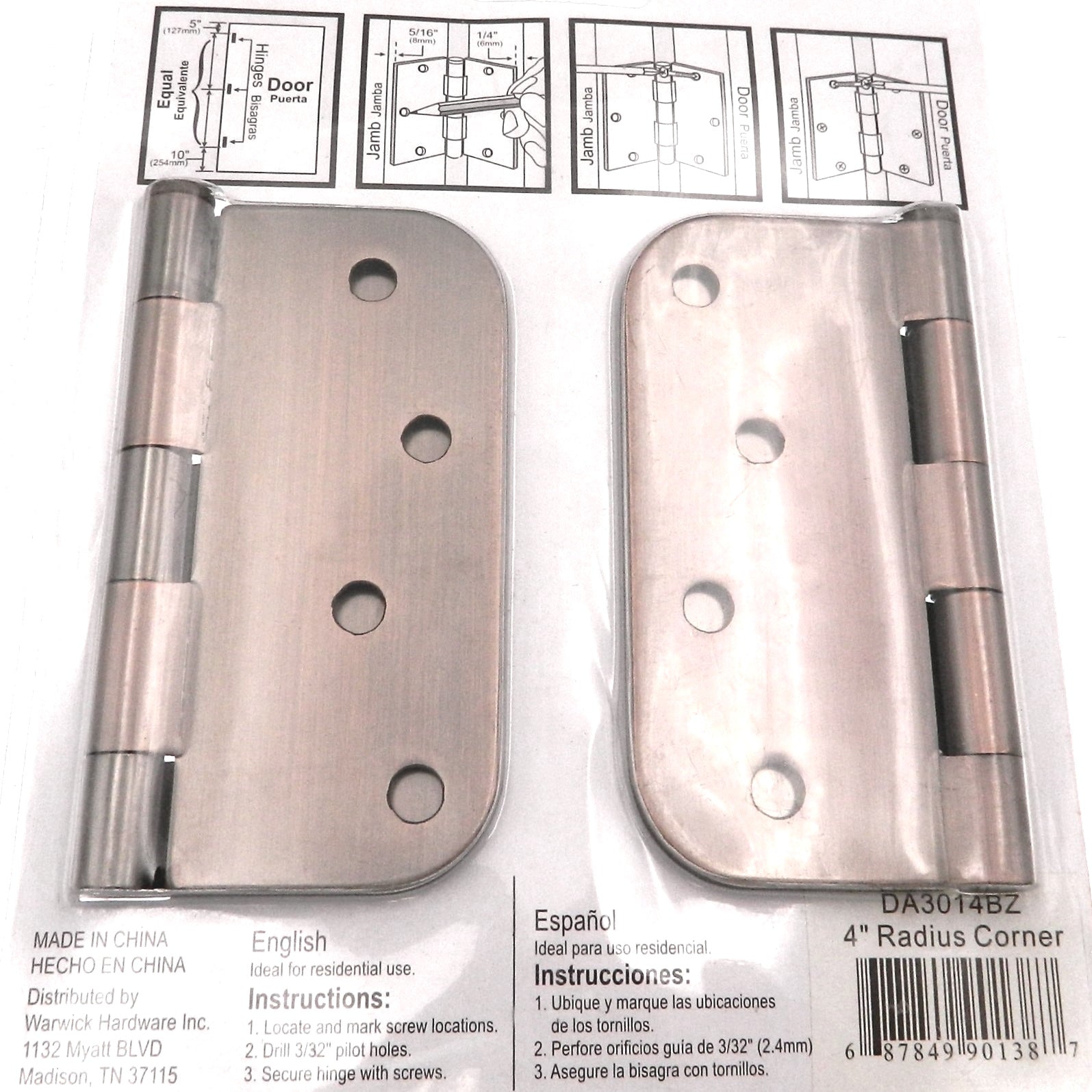 3 Pack Warwick 4" Door Hinge, 5/8" Radius Corner, Oil-Rubbed Bronze DA3014BZ