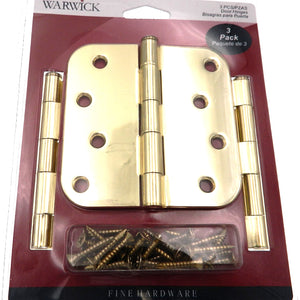 3 Pack Warwick 4" Door Hinge, 5/8" Radius Corner, Polished Brass DA3014PB