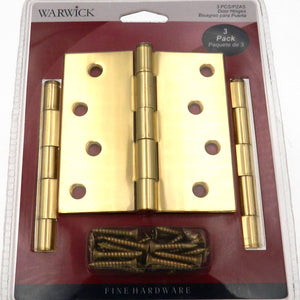 3 Pack Warwick 4" Door Hinge, Square Corner, Polished Brass DA3015PB