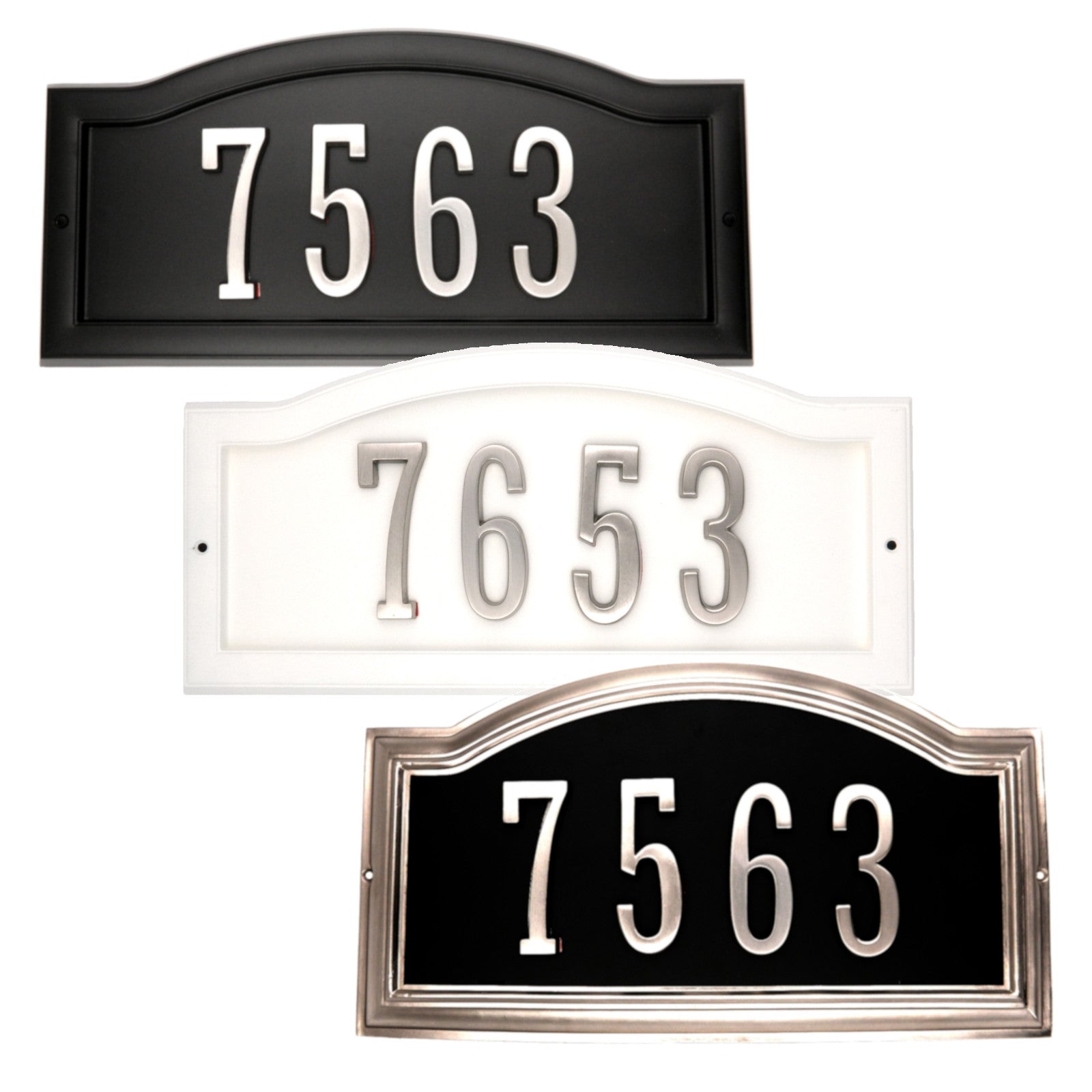 Placas de números de casa de arco personalizadas de Warwick con números de dirección de níquel satinado