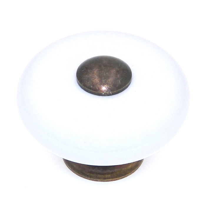 Keeler Solid Brass Antique Brass and White Porcelain 1 1/2" Round Cabinet Knob L40
