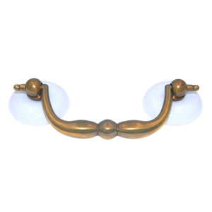 Keeler Solid Brass Antique Brass 3"cc Furniture Drawer Bail Pull with White Porcelain Rosettes L45
