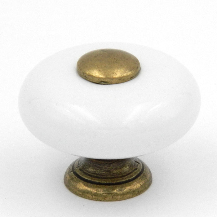 Hickory Hardware Tranquility 1 1/4" White and Lancaster Hand Polished Brass Porcelain Cabinet Knob P222-LP