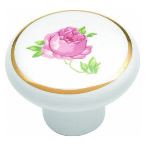 P24-R Tirador de perilla para gabinete de porcelana blanca de 1 1/4", campana central en forma de rosa