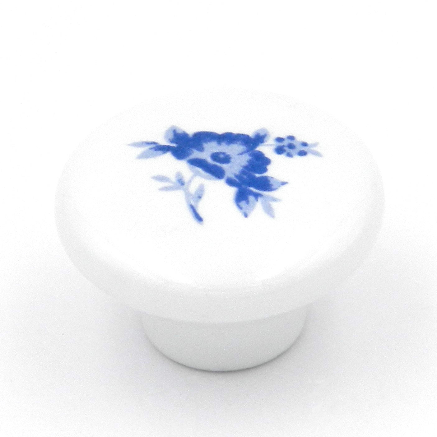Hickory Belwith P28-BF Pomo redondo de cerámica blanca de 1 1/4 pulgadas con flor azul