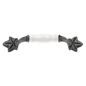 Hickory Country Satin Pewter Antique and White Porcelain 3 3/4"cc Leaf Cabinet Pull P3032-SPAW