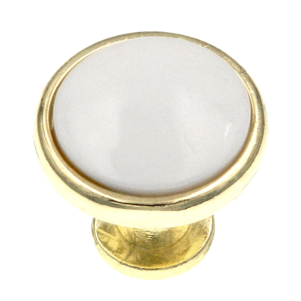 Keeler Country Rustic Polished Brass & White Round 1 1/8 Solid Brass,  Porcelain Porcelain Cabinet Knob P419-W