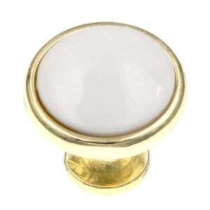 Keeler Country Rustic Polished Brass & White Round 1 1/8" Solid Brass, Porcelain Porcelain Cabinet Knob P419-W