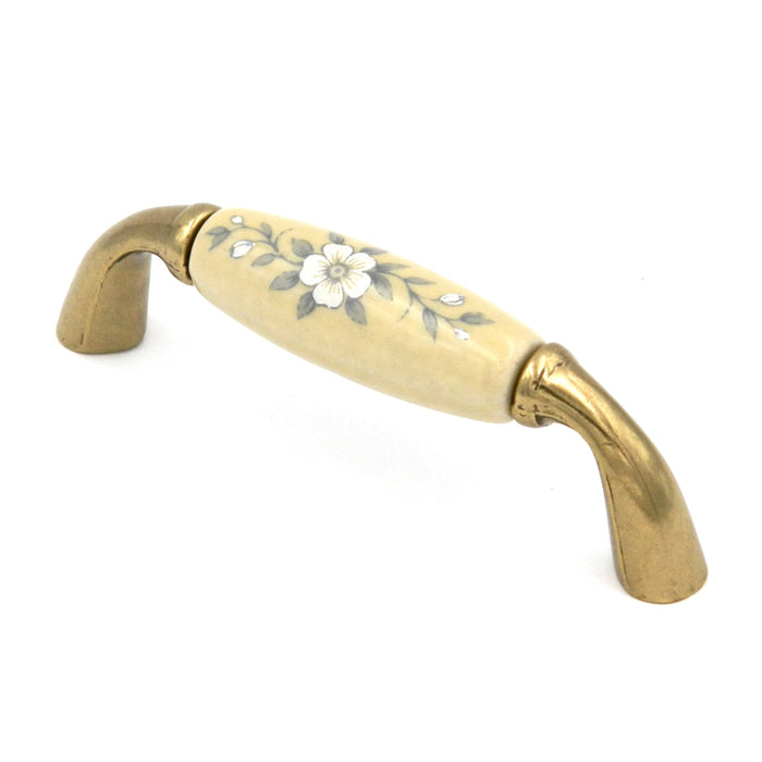 Hickory Tranquility Lancaster Polished, Ceramic Center, White Flower 3"cc Handle Pull P466-BF