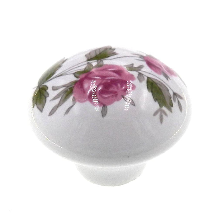 Belwith English Cozy blanco con rosa rosa 1 3/8" perilla de gabinete de porcelana P602-PR