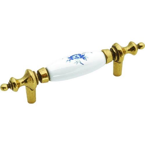 Hickory Hardware English Acogedor Porcelana Blanca con Flores Azules Tirador de Barra de Latón de 3" P64-BF