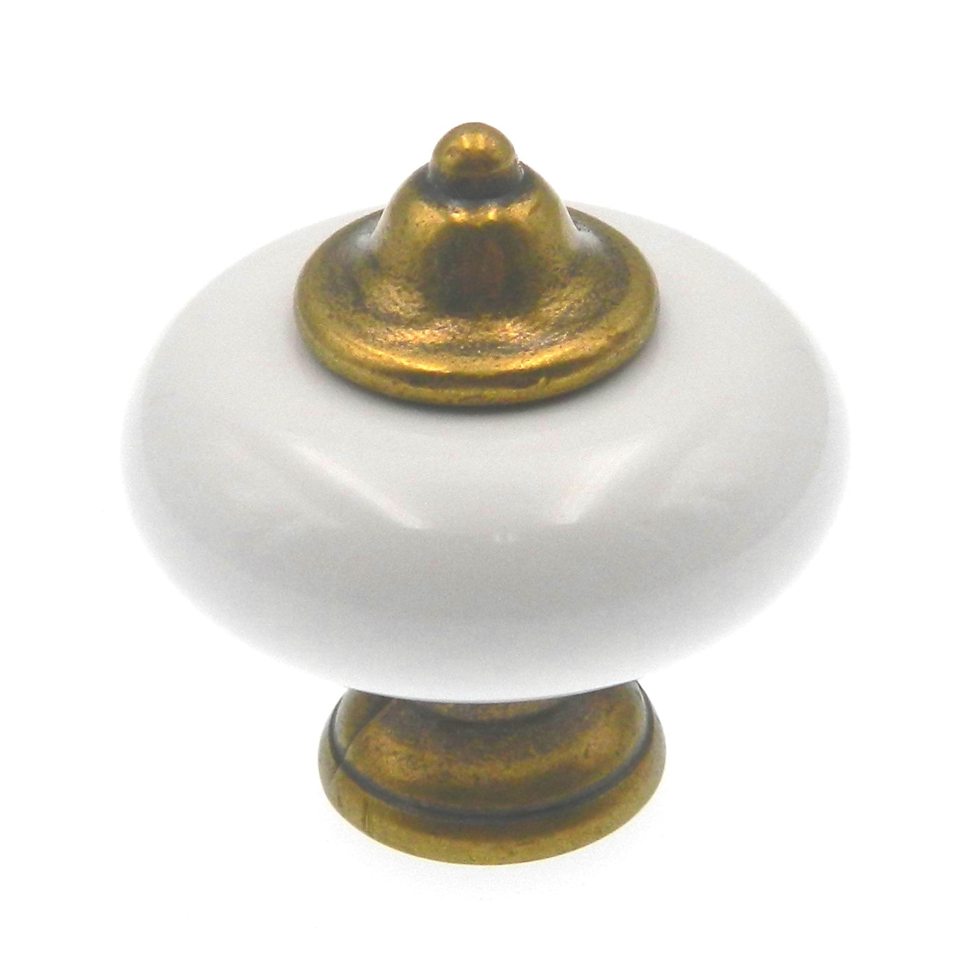Hickory Hardware English Cozy White &amp; Lancaster - Pomo redondo de latón pulido a mano con vástago de porcelana de 1 1/4 pulgadas P8086-W