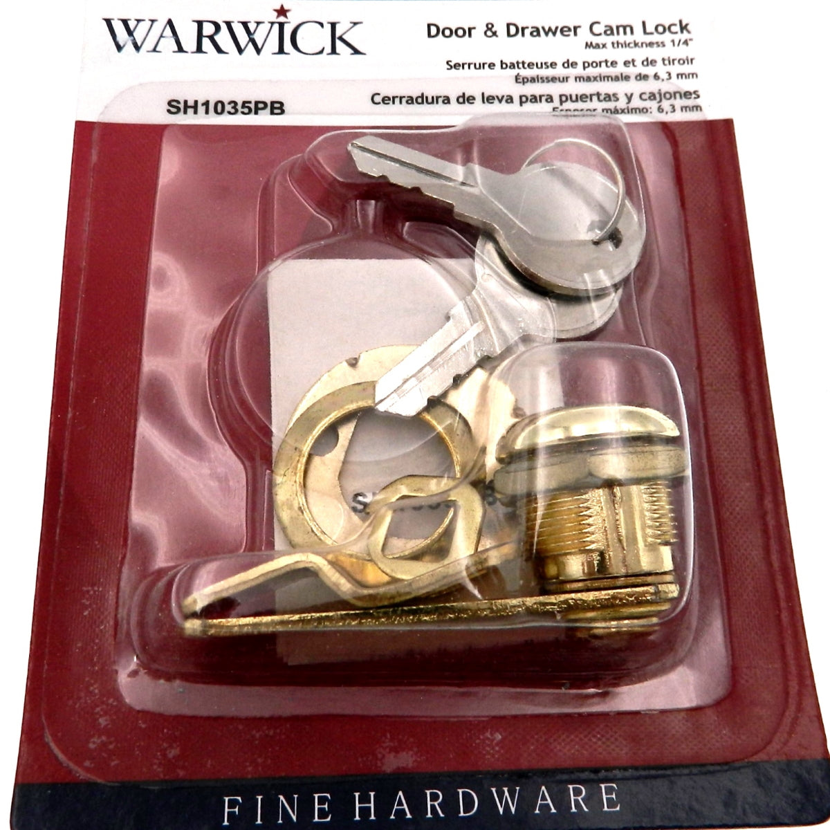 Cerradura para gabinete y cajón Warwick, espesor máximo: 1/4", latón pulido SH1035PB